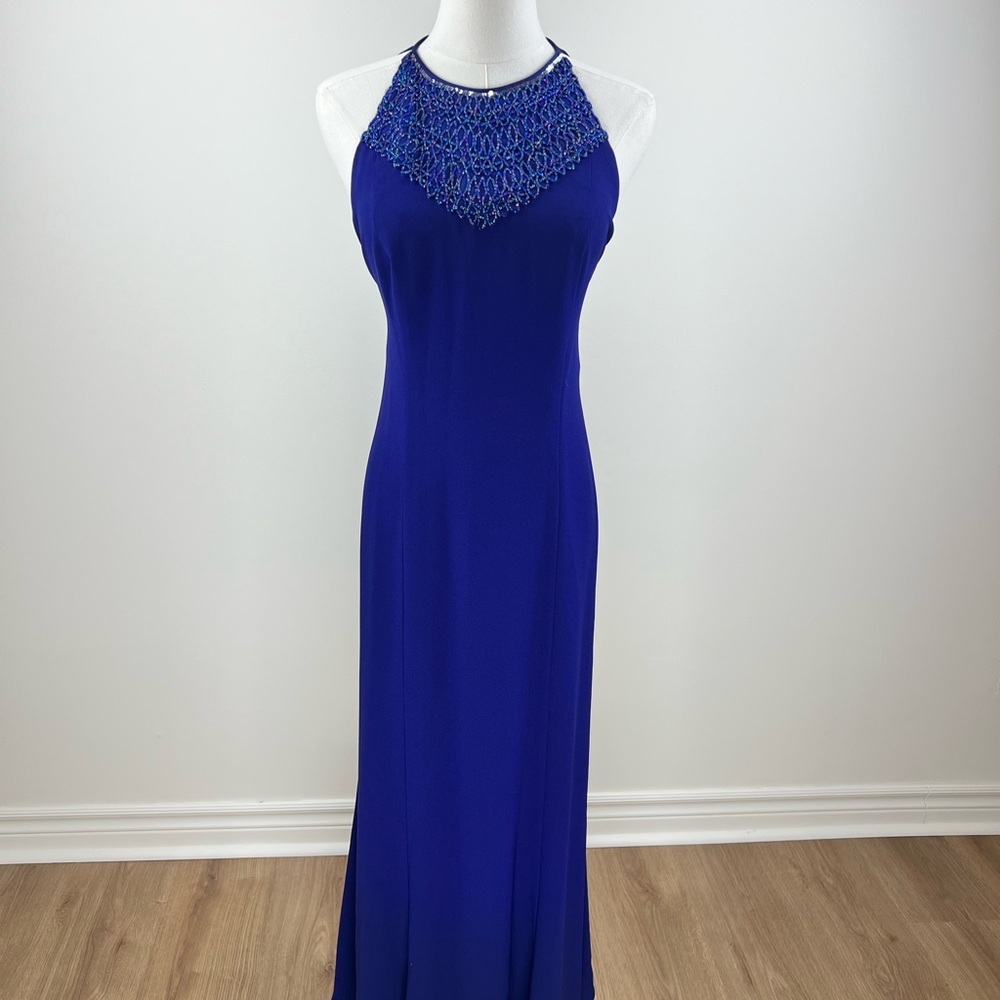 Vintage Beaded Halter Gown Royal Blue By Ursula of Switzerland Y2K